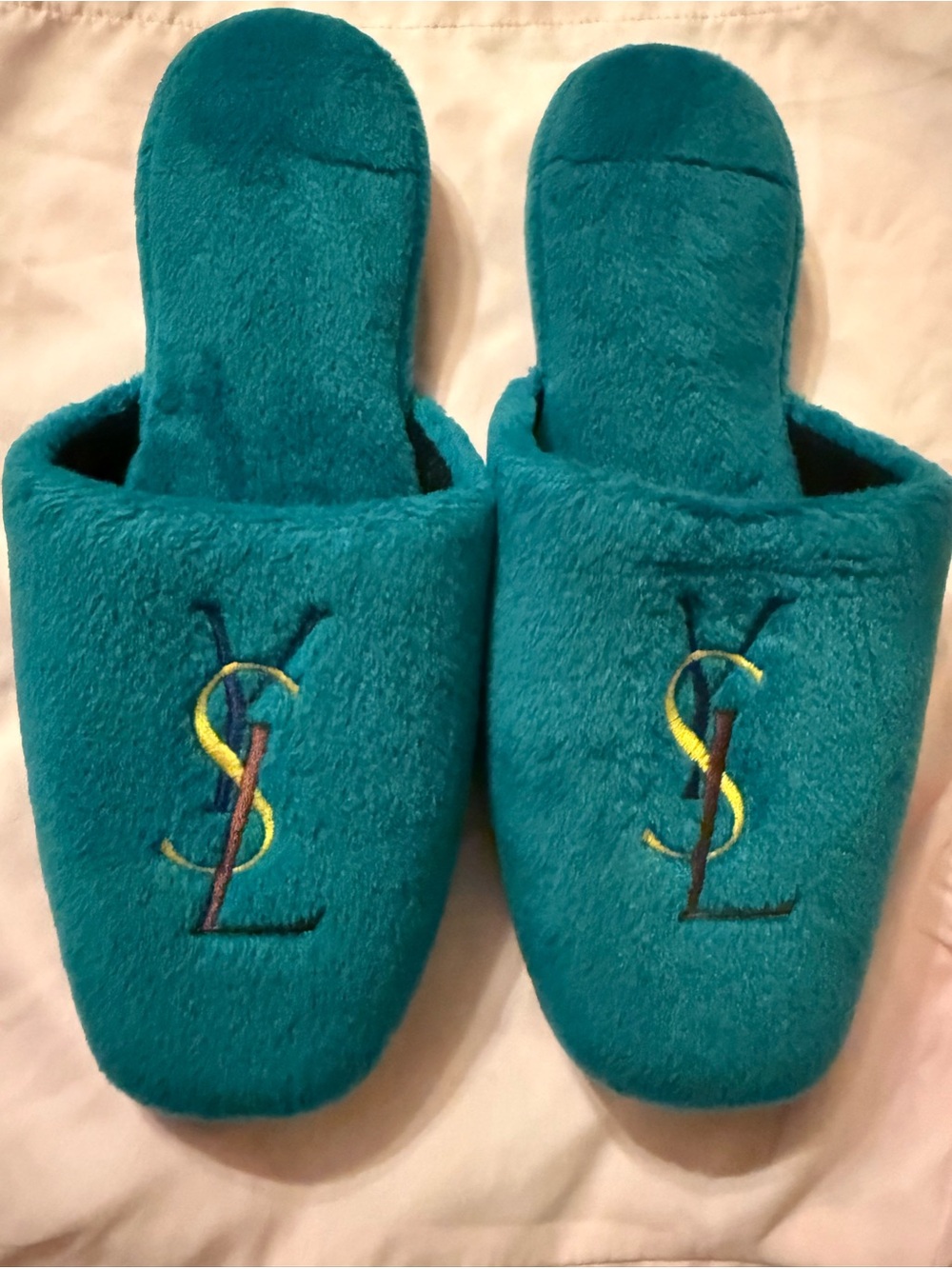 Yves Saint Laurent Vintage Teal Plush Slippers